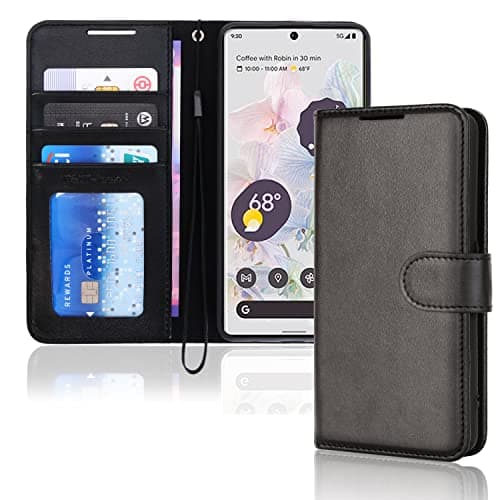 Image of TECHGEAR Pixel 6 Leather Wallet Case, Flip Protective Case Cover with Wallet Card Holder, Stand and Wrist Strap - Black PU Leather with Magnetic Closure Designed For Google Pixel 6