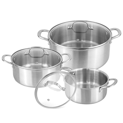 Image of Stainless Steel Casserole Dish with Lid – Induction Hob Cooking Pots Set – Non Stick Dutch Oven – 20cm 2.7L, 24cm 4.3L & 28cm 7.2L (3 Pots + 3 Glass Lids) – by Nuovva