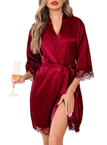Image of Lovasy Women's Satin Robes Lace Trim Silk Dressing Gown for Women UK Summer Ladies Kimono Dressing Gowns Lightweight Bride Bridesmaid Silk Robe 3/4 Sleeve Sexy Short Satin Robe,Purplish Red,M