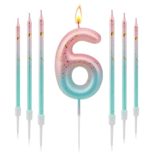 Image of TAIXING 7 Pcs Birthday Candles Pink Blue Gradient Number Candles for Cakes Gold Glitter Birthday Candles Numbers Number 6 Candle Birthday Cake Candles for Girls Birthday Party Wedding Anniversary