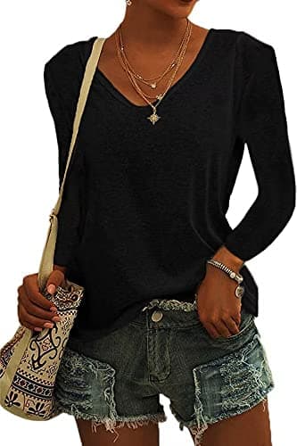 Image of ASKSA Womens T-Shirt V Neck Tunic Tops Plain Long Sleeve Shirts Casual Loose Basic Tee Top (Black,L)