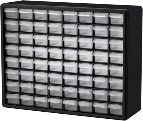Image of Akro-Mils 10164 64-Drawer Plastic Drawer Storage Cabinet for Garage Organization, Teacher Toolbox, Makeup Organizer, and More, 50.8 cm W x 16 cm D x 40.6 cm H, Black