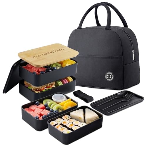 Image of Personalised Lunch Box with Engraved Bamboo Lid – Laser Engraving Food Container with Compartments - Eco-Friendly Bento Box Set with Lunch Bag for Adults - Customised Gift for Father's Day, Birthdays