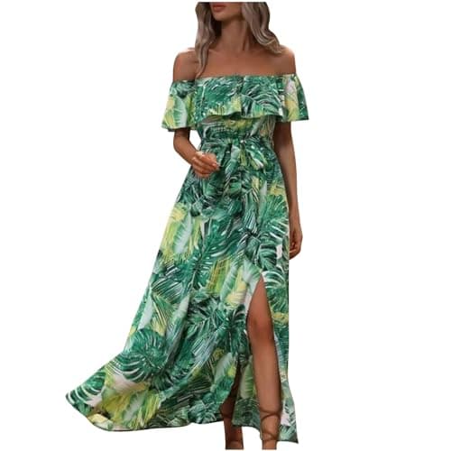 Image of Bohemian Beach Dress for Women UK Elegant Off Shoulder Summer Boho Maxi Dresses Ruffle Vintage Floral Bandeau Sundress Holiday Flowy Loose Swing Long Dresses for Evening Night Out Green