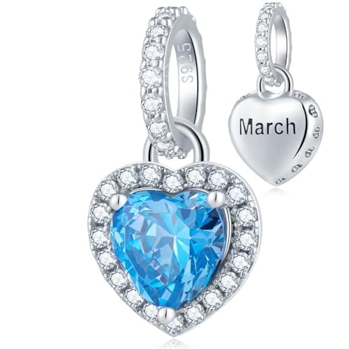 Image of March Birthstone Charm, Ocean Heart Dangle Charm, Sterling Silver Necklace Charms fit 925 Pandora Charm Bracelets, 925 Silver Birthday Gift for Daughter, Mother, Sky Blue CZ Stones