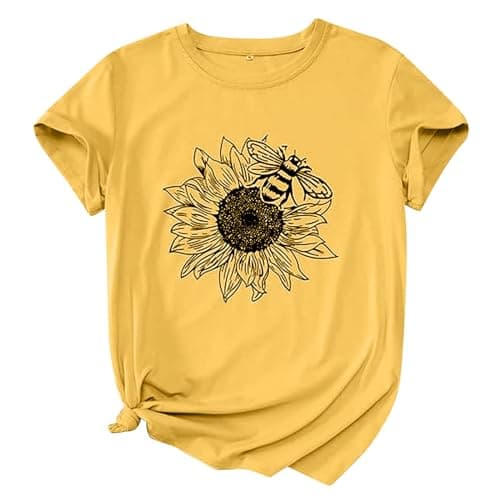 Image of Women Summer Sunflower T Shirt Cute Flower Graphic Loose Tees Crew Neck Short Sleeve Casual Tops Black Short Sleeve Shirt (Yellow, XL)