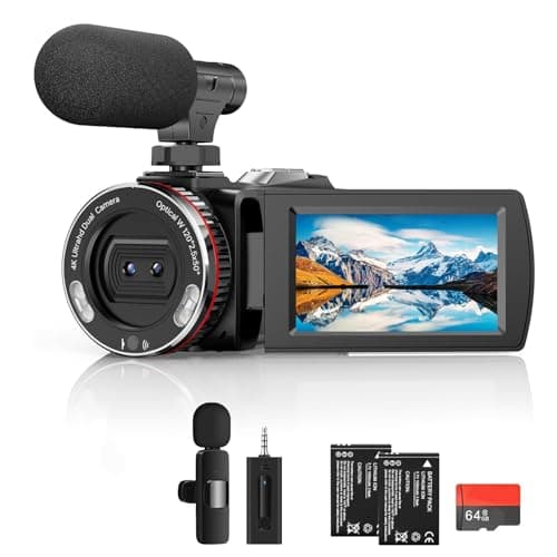 Image of 4K Camcorder, 64MP 30FPS Vlogging Camera with Wireless Microphone for YouTube, Ultra HD 3 Inch Flip Screen 21X Digital Zoom Video Recorder Camera with 64GB SD Card,Remote Control and 2 Batteries