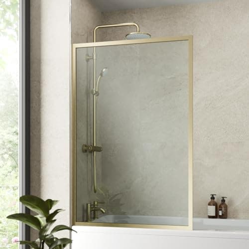 Image of Luxura® 800 x 1400mm Brushed Brass Over Bath Shower Screen Fixed Door Glass Panels & Screens for Baths, Bathroom Framed Square Design, 6mm Toughened Safety Glass