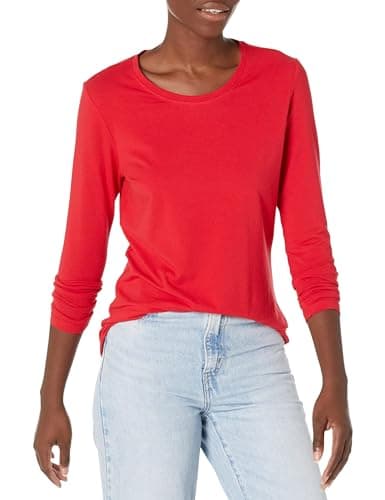 Image of Amazon Essentials Women's Classic-Fit Long-Sleeve Crewneck T-Shirt (Available in Plus Size), Cherry Red, Medium