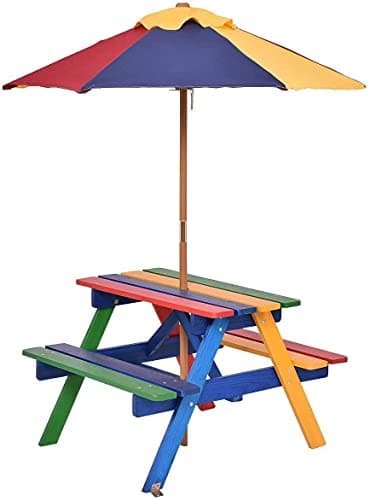 Image of COSTWAY Kids Picnic Table, Garden Wooden Bench with Removable Umbrella, Outdoor Children Furniture Parasol