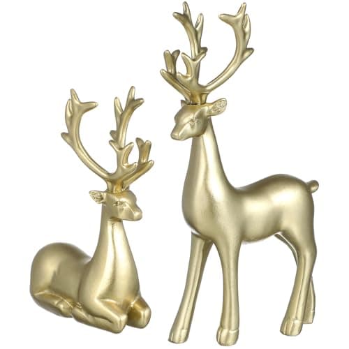 Image of Operitacx Home Decor Christmas Reindeer Figurines - 2 PCS Resin Sitting & Standing Deer Figurine Statues for Christmas Decorations (Gold) Home Accessories