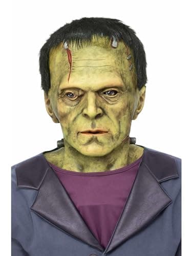 Image of Smiffys Universal Monsters Frankenstein Latex Mask, Adults Green Mask with Bolt & Blood Details, Full Overhead Latex Mask, Perfect for Halloween and Themed Parties