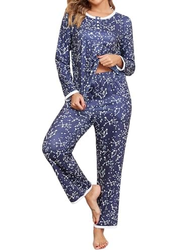 Image of Aranmei Women's Long Pyjama Set, Star Print, Two-Piece Sleepwear, Long Sleeve Sleepwear, Leisure Suit with Pockets, navy star, L