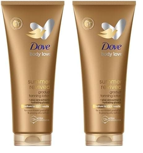 Image of Dove Summer Revived Medium to Dark Gradual Tanning Lotion for a gradual tan and natural, radiant glow non‑greasy self-tan for all skin types 200 ml (Pack of 2)