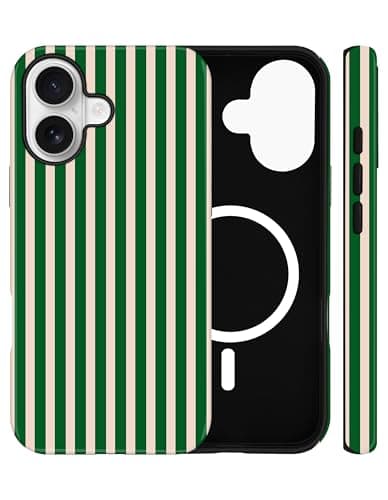 Image of Jusy Stripes Phone Case for iPhone 16 Plus, Compatible with MagSafe, Cute Aesthetic Striped Magnetic Soft TPU and Hard PC Protective Phone Cover for Women Girls, Forest Green