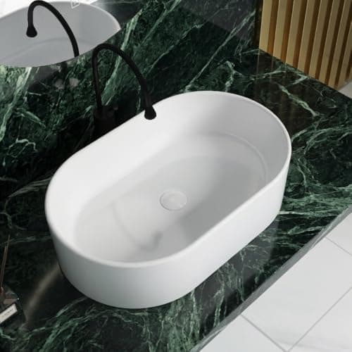 Image of Durovin Bathrooms Ceramic Bathroom Basin - Countertop Sink Vessel - Oval Washing Bowl for Bathroom Lavatory, Vanity Unit (560 x 350 x 145mm)-Anti-Splash Design