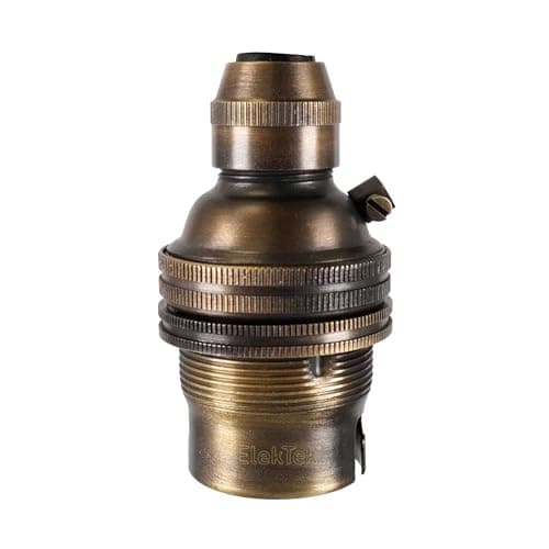 Image of ElekTek B22 BC Bayonet Brushed Antique Brass Cord Grip Ceiling Pendant Unswitched Lamp Light Bulb Holder with Shade Ring - For use with Ceiling Rose and Lighting Flex (7mm Max. Dia.) - Made in UK