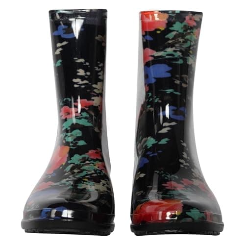 Image of A2Z Ladies Waterproof PVC Rain Boots Stylish Mid-Calf Slip-On - Wellies LDS 1409 Floral Black 4 UK