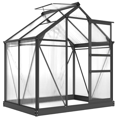 Image of Outsunny 6 x 4ft Polycarbonate Greenhouse, Large Walk in Green House with Slide Door and Window, Garden Plants Grow House with Aluminium Frame and Foundation, Grey
