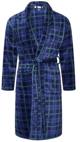 Image of Adore Home Mens Soft Warm Flannel Fleece Bathrobe Dressing Gown Shawl, Check Blue, S-M