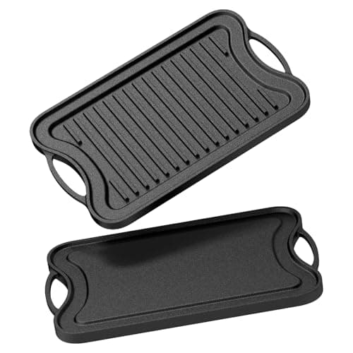 Image of Dayacoco Cast Iron Griddle Pan with Pre-Seasoned Reversible Non-Stick BBQ Grill Pan with Handles, 42x25cm Ridged & Flat Skillet Pan for Gas Stovetop Open Fire Oven