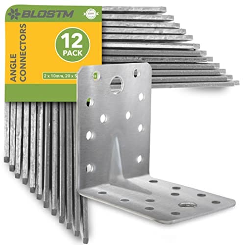 Image of BLOSTM Heavy Duty Angle Brackets 12 PCS - Galvanised Steel L Brackets, Reinforced Right Angle Connectors with Beading, for Wood Work, Steel or Masonry - Corner Bracket Size: 70mm x 70mm x 55mm