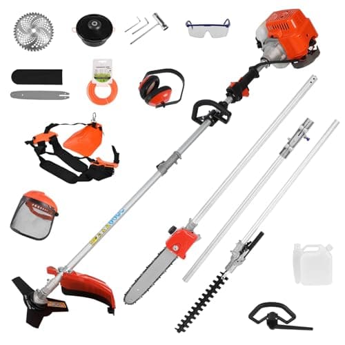 Image of 52cc Long Reach Multi-Functional Garden Tool: Petrol Strimmer & Brush Cutter, Extendable Hedge Trimmer, Pruner Chainsaw, Grass Trimmer, Extension Pole Orange