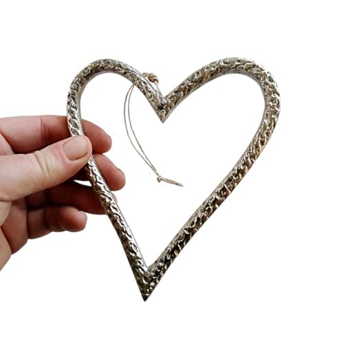 Image of Patterned Metal Silver Open Hanging Heart Decoration - Heart Decoration - Hanging Ornament - Heart Ornament - Wall Decor - Christmas Decoration - Gift - Wedding - Rustic - Shabby (Large 15cm)