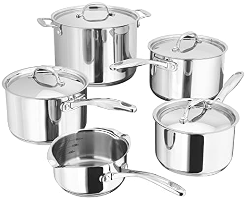 Image of Stellar Profile Set of 5 Stainless Steel Pans 28cm 7.5L Stockpot, 20cm, 18cm, 14cm Saucepans with Lids, 14cm Milk Pan, Induction Ready