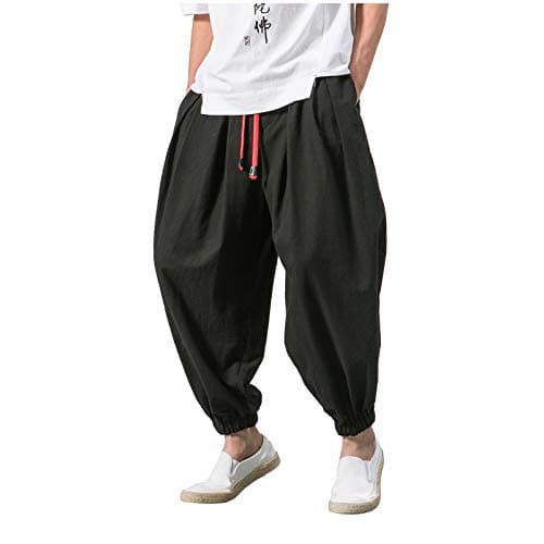 Image of Mens Cotton Linen Harem Pants Hippie Baggy Cuffed Joggers Bottoms Pirate Costume Drawstring Elasticated Waist Trousers Wide Leg Ankle Length Pants Black