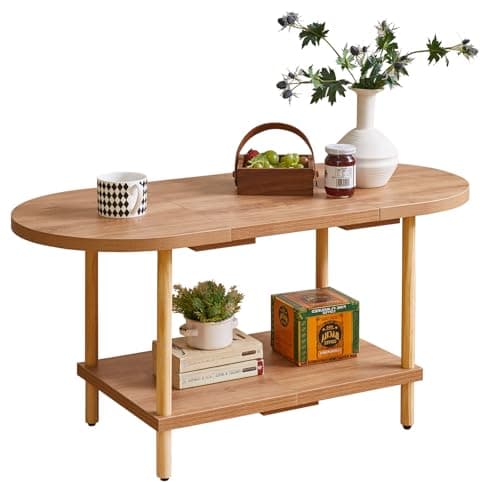 Image of Aibiju Small Coffee Table, Oval Center Table with Storage Shelf, 35x16x17inch Industrial Side Tea Table for Living Room Home Furniture, Modern Style, Oak YD-011K