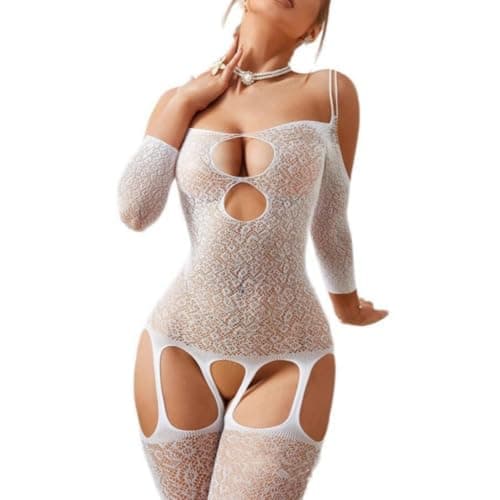 Image of KFLY Women's Fairy Fishnet Mesh Bodystocking Sexy Sheer See Through Lace Lingerie Set One Piece Bodysuit Deep V Neck Hollow Out Jumpsuit Tights Babydoll Teddy Underwear(Style A, One Size)