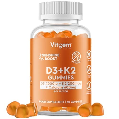 Image of Vitgem 60 Gummies - Vitamin D3 4000 IU + K2 100 µg - Orange Flavored Gummy for Immune and Bone Health Support - High Strength Sunshine Vitamin D Supplement - Vegan, Gluten Free & Sugar Free