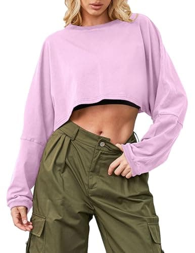 Image of Ziesexy Cropped Sweatshirt Long Sleeve Crop Top Workout Oversized Sweatshirt Loose Crop Tops For Women Crewneck Sweatshirt, Pink, M