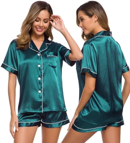 Image of SWOMOG Pyjamas for Womens Silk Satin Pyjamas Set Two-Piece Sleepwear Loungewear Button-Down Pj Sets Green