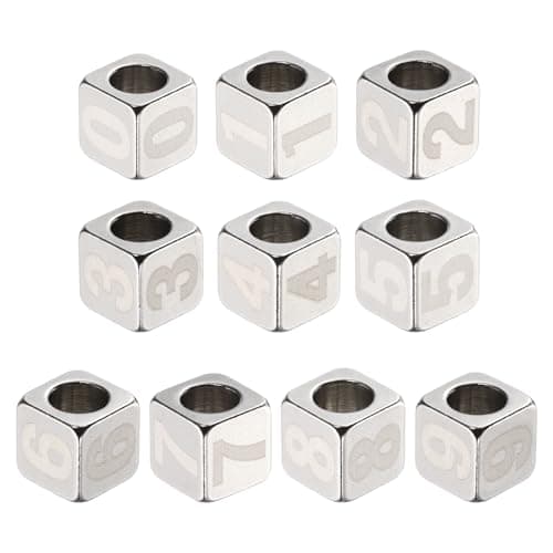 Image of sourcing map 10Pcs Stainless Steels Number Beads Number 0-9 Cube Silver Metallic Large Square Metal Dice Beads for Jewelry Bracelets Necklaces Earrings
