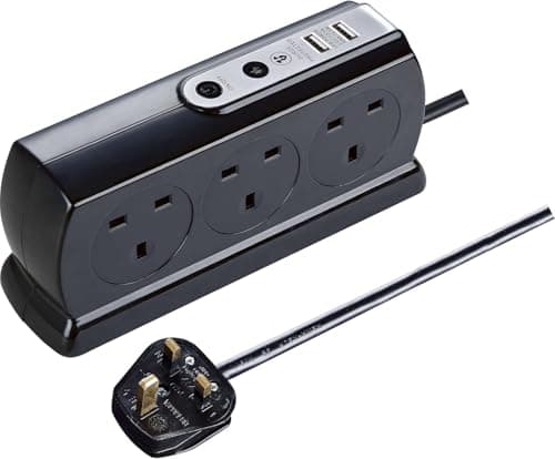 Image of Masterplug Six Socket Switched Inline Power Surge Protected Extension Lead with Two USB Charging Ports, 2 Metres, Gloss Black