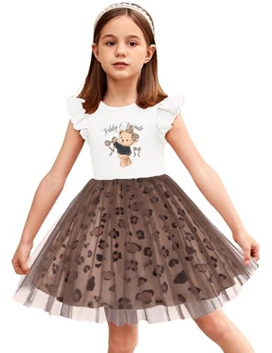 Image of Arshiner Girls Party Dress Flutter Sleeve Tulledress Teddy Leopard Print Summerdress Kids Cotton Dresses 130/7-8 Years