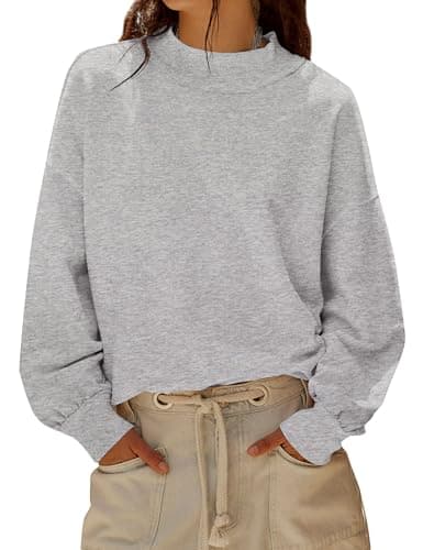 Image of TERIVEEK Mock Neck Sweatshirt for Women Oversized Turtleneck Long Sleeve Hoodies 2025 Fall Casual Drop Shoulder Pullover Tops, Light Grey, Medium