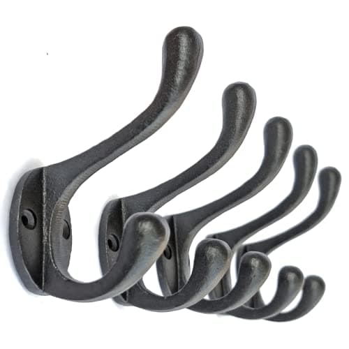 Image of 5 Pack Decorative Cast Iron Heavy Duty Double Hooks, Wall Mounted Coat Hooks, Vintage Inspired (Antique Black) (Cornish Hook)