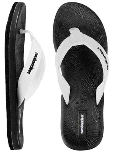 Image of Two Bare Feet Women's Flip Flops – Comfortable Lightweight Beach Sandals, Non-Slip Sole, Waterproof Summer Sliders – Perfect for Holiday, Pool & Casual Wear (Blossom (Black/White), 6)