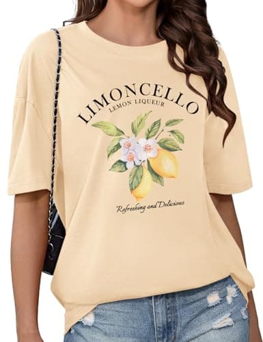 Image of HEEKPEK Women Oversized T Shirts Summer Tops Cotton Casual Lemon Print T-Shirt Ladies Short Sleeve Tshirts Plus Size Crewneck Graphic Baggy Tee Shirts Blouse (Beige, L)