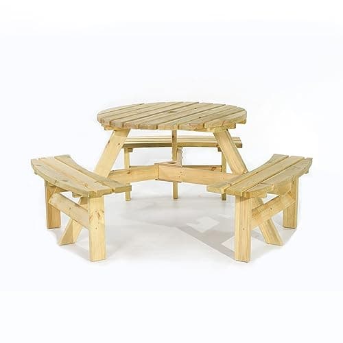Image of BrackenStyle Brentwood 6 Seat Round Wooden Picnic Table - Durable Wood Pub Bench - Commercial Grade Thick Timbers - 1.7M Diameter (Green)