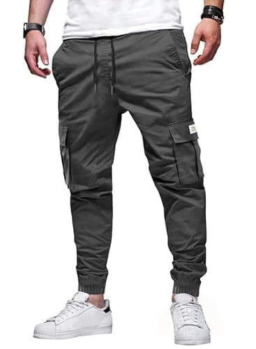 Image of Elegancity Mens Cargo Trousers Casual Jogger Work Pants Regular Fit Drawstring Sweatpants Sports Bottoms with Pockets (Grey, 42)