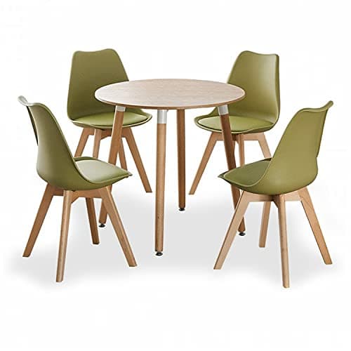 Image of Life Interiors Round Dining Room Table Set for 4-80 cm Table & Dining Room Chairs Set of 4 with Cushions - PU Padded Seat w/Solid Wood Legs - Modern Round Dining Set - Oak/Lime Green