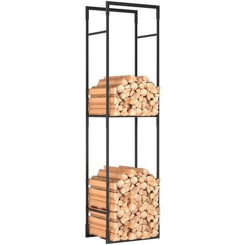 Image of Outsunny Metal Firewood Log Holder, Indoor Outdoor Fireplace Wood Storage Shelf, Heavy Duty Firewood Rack with Adjustable Shelf, 45 x 31 x 170 cm, Black