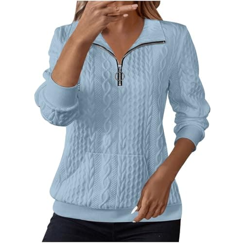 Image of Sweatshirts for Women Cable Knit Jumpers Lapel Half Zip Pullover Ladies Thermal Sweatshirt Long Sleeve Tops Winter Autumn Sweaters Warm Tunics for Office Work Daily Going Out Wear Sky Blue