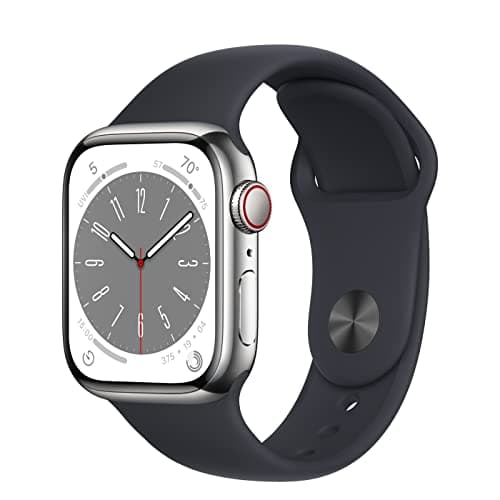 Image of Apple Watch Series 8 (GPS + Cellular, 41MM) - Silver Stainless Steel Case with Midnight Sport Band (Renewed)