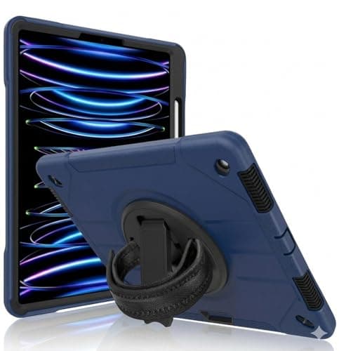 Image of World biz Heavy Duty Case for iPad Pro 12.9 inch (2022/2021/2020/2018, 6th/5th/4th/3rd Gen), Military Grade 3-Layer Full Body Rugged Cover Kickstand, Pencil Holder, Hand Strap (Navy Black)