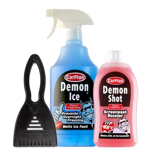 Image of CarPlan Demon Shot Screenwash Booster, 500ml (Pack of 1) & CarPlan Demon Ice, Ice Preventer and De-Icer, 1 Litre (Pack of 1) & CarPlan Ice Scraper - Winter Car Care Bundle/Kit